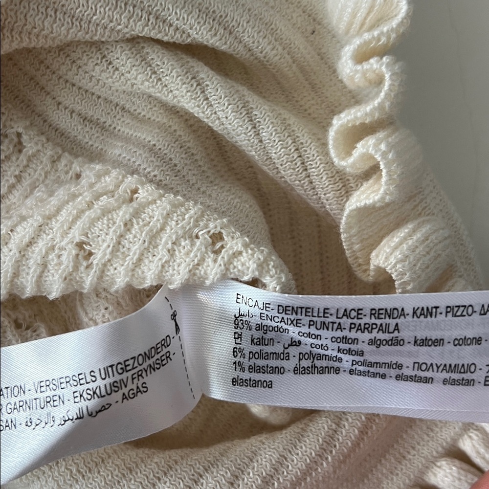 Zara Knit Coquette Bow Tie Pointelle Long Sleeve Sweater Top Ecru Cream M - Picture 7 of 7